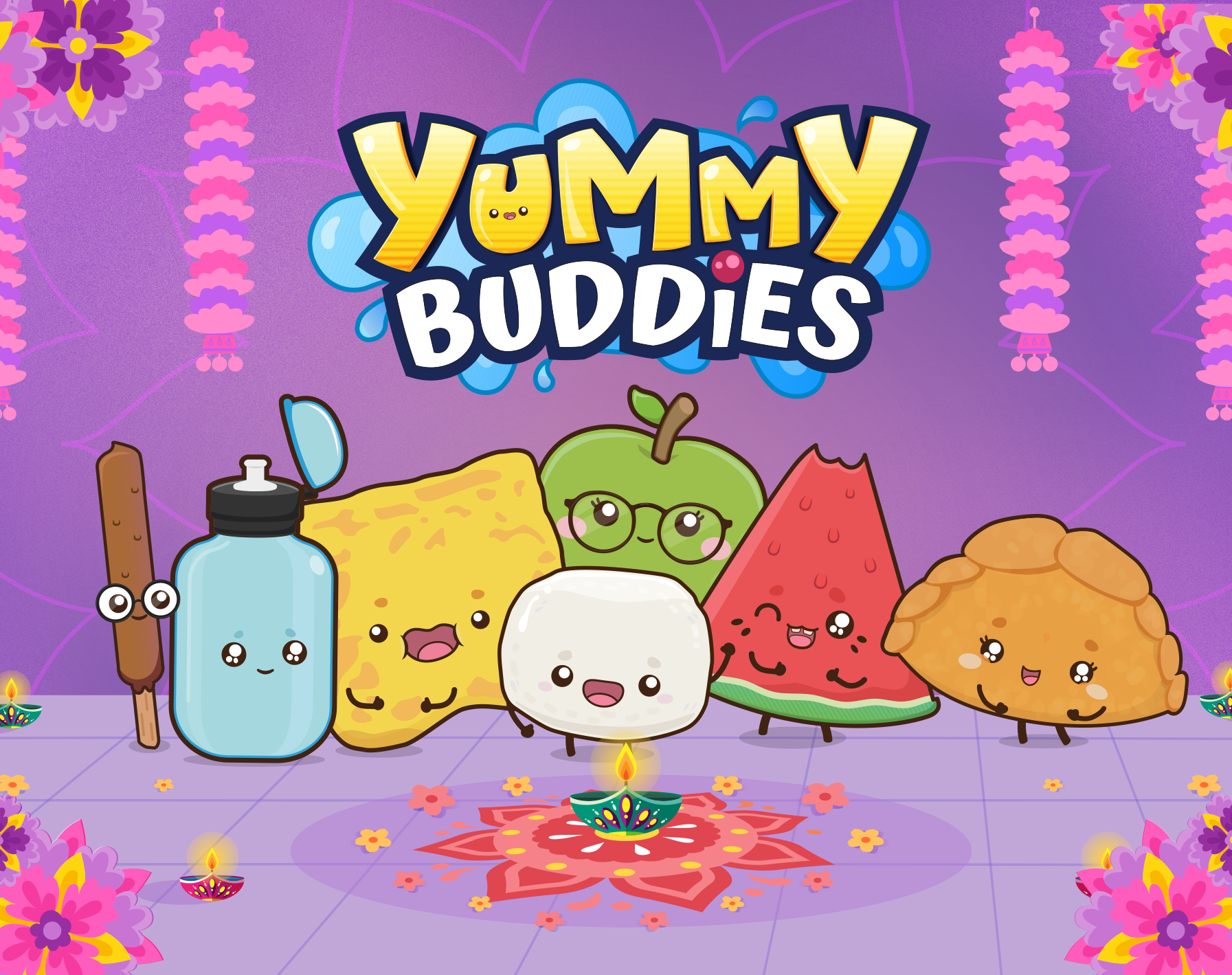 The Yummy Buddies characters standing around a glowing oil lamp (diya) and rangoli floor art in a purple room decorated for Deepavali.